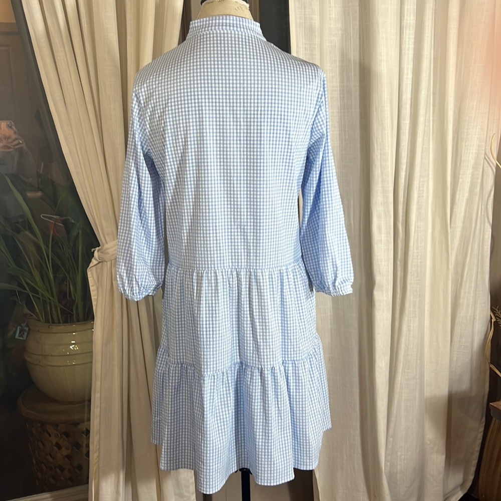White & baby blue plaid prairie dress Dorothy style lightweight cool loose fit S - Picture 7 of 12